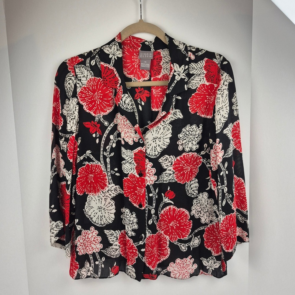 Vtg Y2K Sigrid Olsen Blouse M Black Red Tropical Floral Button Up 3/4 Sleeve